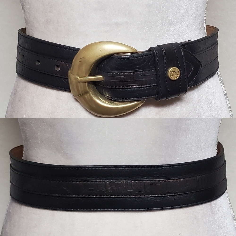 70s Vintage Land Black Copper Aztec Leather Brass Buckle Boho Statement Belt S